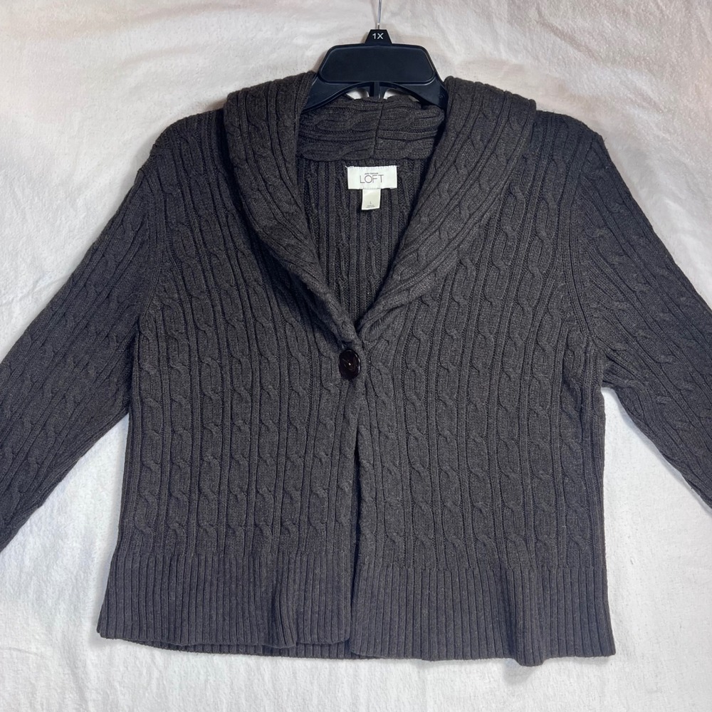 Ann Taylor LOFT Chocolate Brown Cable Knit Shawl Collar Button Cardigan Large
